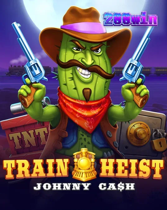 Tampilan visual slot Train Heist Johnny Cash dengan latar belakang gurun dan gerbong kereta.